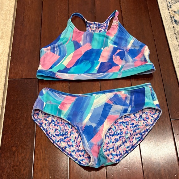 Athleta Girls Multi-Color Brushstroke Active Set - Blue, Pink, Teal - Picture 6 of 9